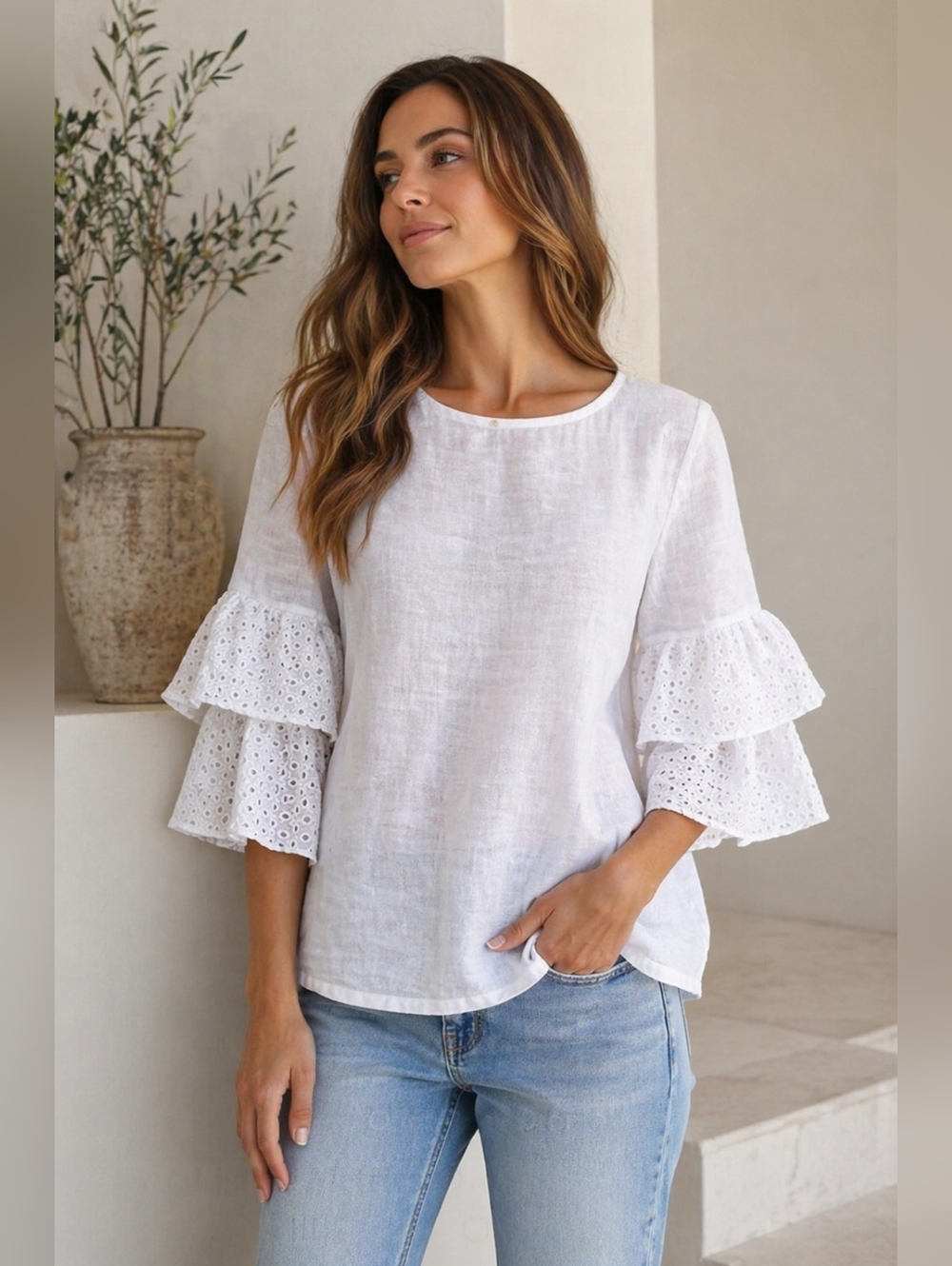 100% linen Made in Italy White Blouse Eyelet Ruffle Sleeves Size S Via Signoria